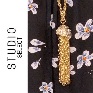 Gold-tone Tassel Necklace with Crystal Beads NWT